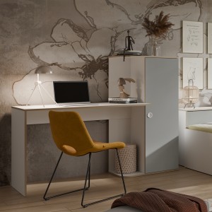 Bureau enfant ELYO – Avec colonne de rangement et 4 niches – Gris, blanc & chêne clair – 160x129x53 cm