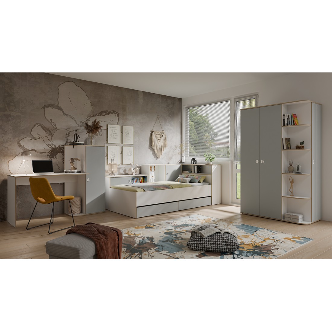 Chambre enfant complète ELYO – Bureau + Lit + Armoire avec bibliothèque