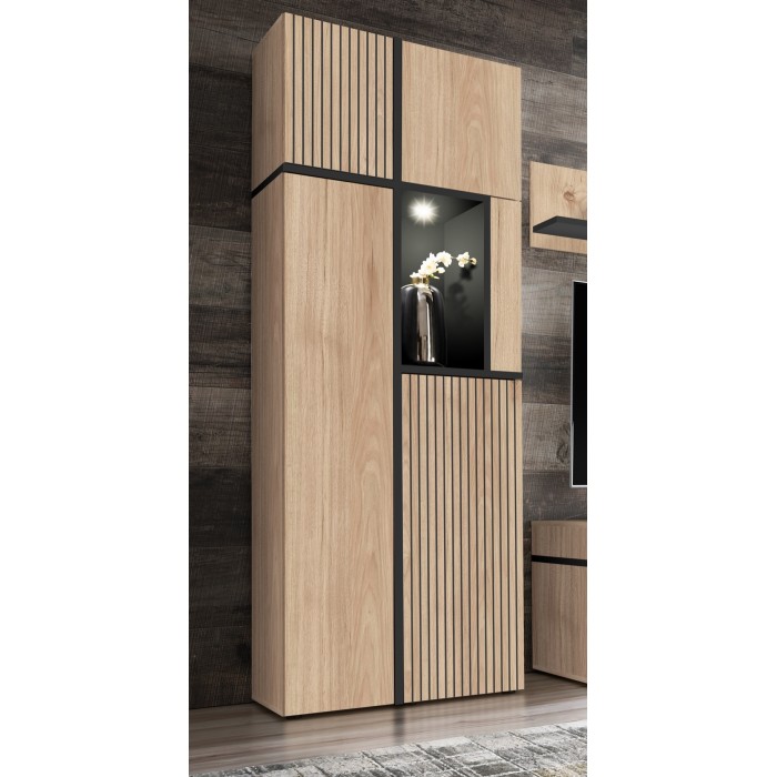 Vetrina CRISS – Legno e metallo – Rovere chiaro e nero – Con LED