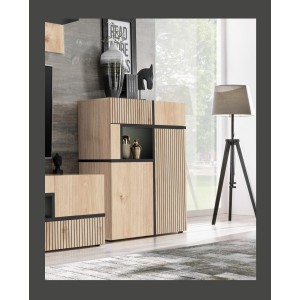 Buffet haut CRISS chêne clair et noir dans un décor 3D