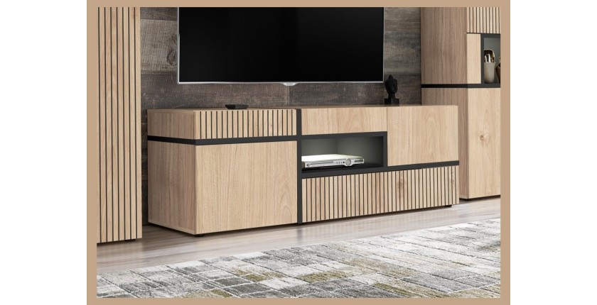 Meuble TV CRISS – 2 portes, 1 tiroir, LED – Chêne clair et noir