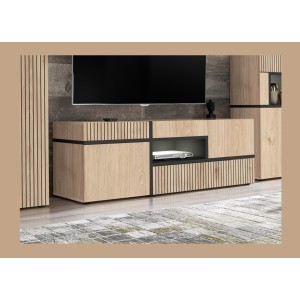 Meuble TV CRISS – 2 portes, 1 tiroir, LED – Chêne clair et noir
