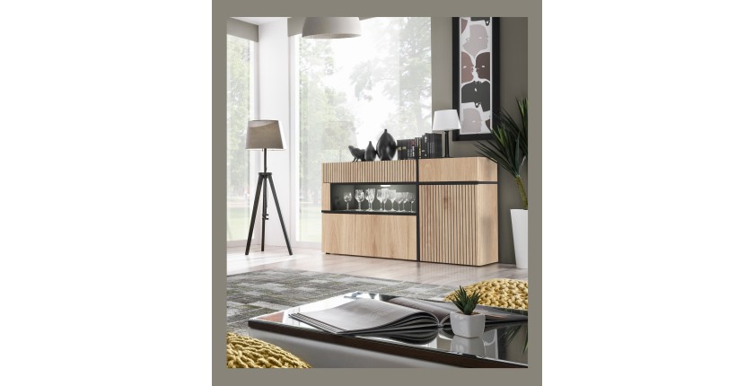 Buffet bas CRISS chêne clair et noir dans un décor 3D