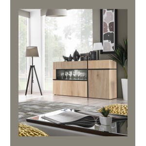 Buffet bas CRISS chêne clair et noir dans un décor 3D