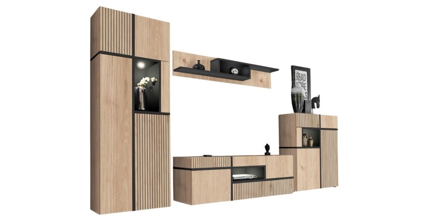 Ensemble salon complet CRISS – Meuble TV, Buffet haut, Vitrine, Étagère murale – Chêne clair et noir avec LED
