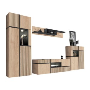 Ensemble salon complet CRISS – Meuble TV, Buffet haut, Vitrine, Étagère murale – Chêne clair et noir avec LED
