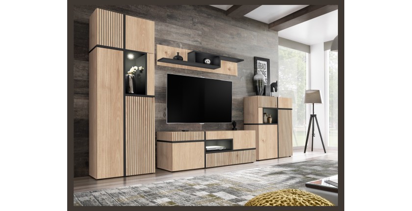 Ensemble salon complet CRISS – Meuble TV, Buffet haut, Vitrine, Étagère murale – Chêne clair et noir avec LED