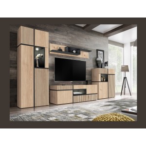 Ensemble salon complet CRISS – Meuble TV, Buffet haut, Vitrine, Étagère murale – Chêne clair et noir avec LED