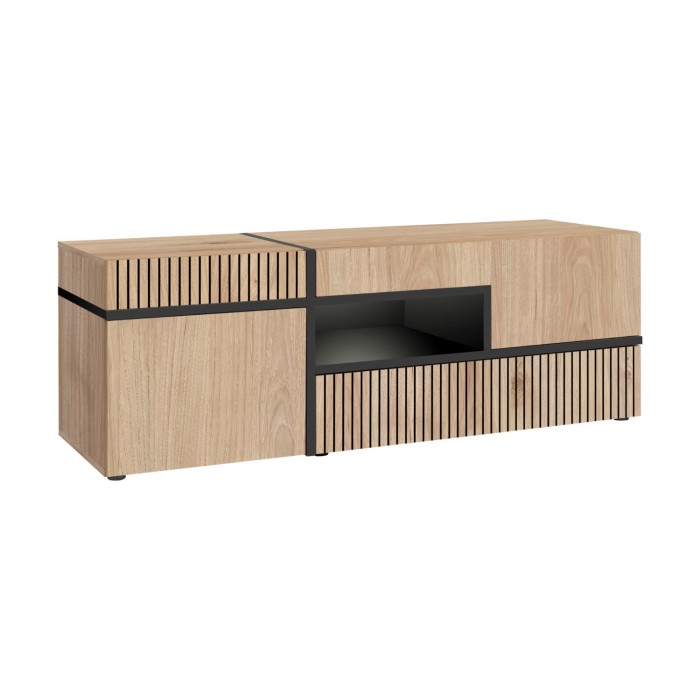 Conjunto completo para sala CRISS – Mueble para TV, Aparador alto, Vitrina, Estantería de pared – Roble claro y negro con LED