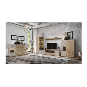 Ensemble salon complet ERINA – Buffet bas, Buffet haut, Vitrine, Meuble TV, Étagère murale – Chêne clair et beige