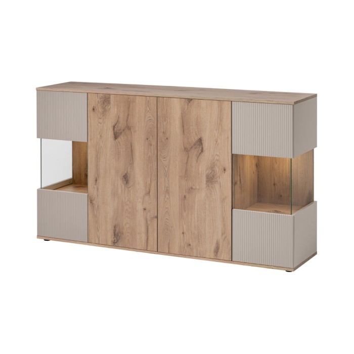 Set completo per il soggiorno ERINA – Credenza bassa, Credenza alta, Vetrina, Mobile TV, Mensola da muro – Rovere chiaro e beige