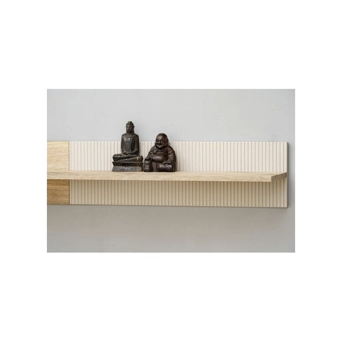 Set completo per il soggiorno ERINA – Credenza bassa, Credenza alta, Vetrina, Mobile TV, Mensola da muro – Rovere chiaro e beige