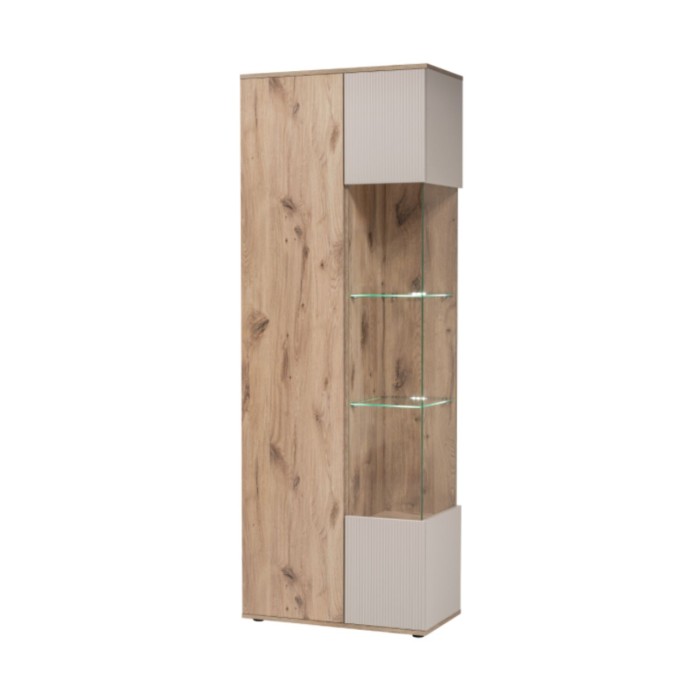 Set completo per il soggiorno ERINA – Credenza bassa, Credenza alta, Vetrina, Mobile TV, Mensola da muro – Rovere chiaro e beige