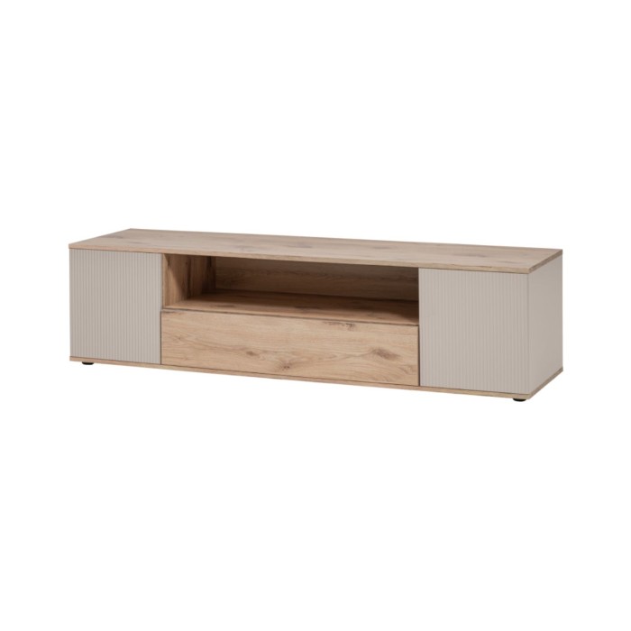 Set completo per il soggiorno ERINA – Credenza bassa, Credenza alta, Vetrina, Mobile TV, Mensola da muro – Rovere chiaro e beige