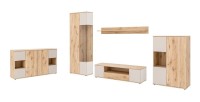 Ensemble salon complet ERINA – Buffet bas, Buffet haut, Vitrine, Meuble TV, Étagère murale – Chêne clair et beige