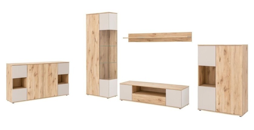 Ensemble salon complet ERINA – Buffet bas, Buffet haut, Vitrine, Meuble TV, Étagère murale – Chêne clair et beige