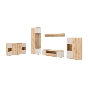 Ensemble salon complet ERINA – Buffet bas, Buffet haut, Vitrine, Meuble TV, Étagère murale – Chêne clair et beige