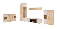 Ensemble salon complet ERINA – Buffet bas, Buffet haut, Vitrine, Étagère, Meuble TV cheminée bio-éthanol – Chêne clair et beige