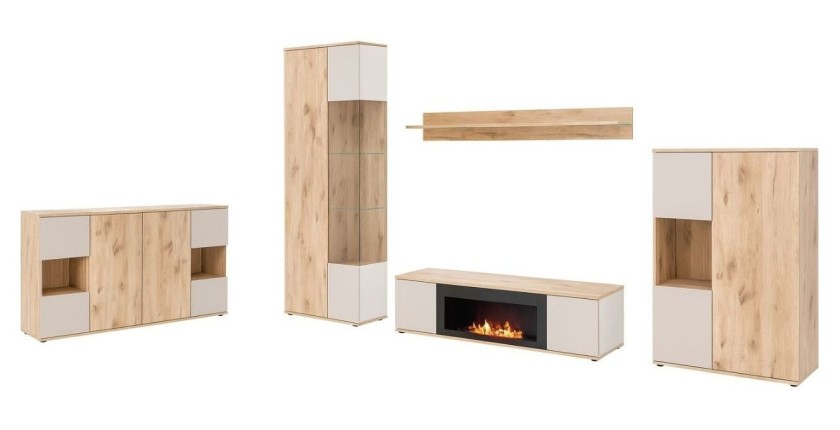 Ensemble salon complet ERINA – Buffet bas, Buffet haut, Vitrine, Étagère, Meuble TV cheminée bio-éthanol – Chêne clair et beige