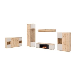 Ensemble salon complet ERINA – Buffet bas, Buffet haut, Vitrine, Étagère, Meuble TV cheminée bio-éthanol – Chêne clair et beige