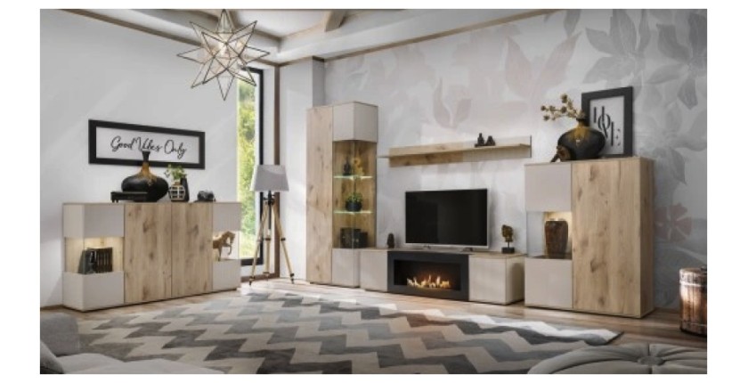 Ensemble salon complet ERINA – Buffet bas, Buffet haut, Vitrine, Étagère, Meuble TV cheminée bio-éthanol – Chêne clair et beige