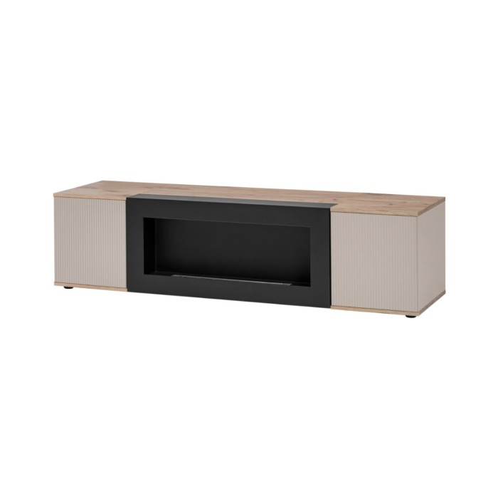 Set completo salotto ERINA – Buffettino, Buffet alto, Vetrina, Scaffale, Mobile TV con camino bio-etanolo – Rovere chiaro e beig