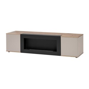 Ensemble salon complet ERINA – Buffet bas, Buffet haut, Vitrine, Étagère, Meuble TV cheminée bio-éthanol – Chêne clair et beige