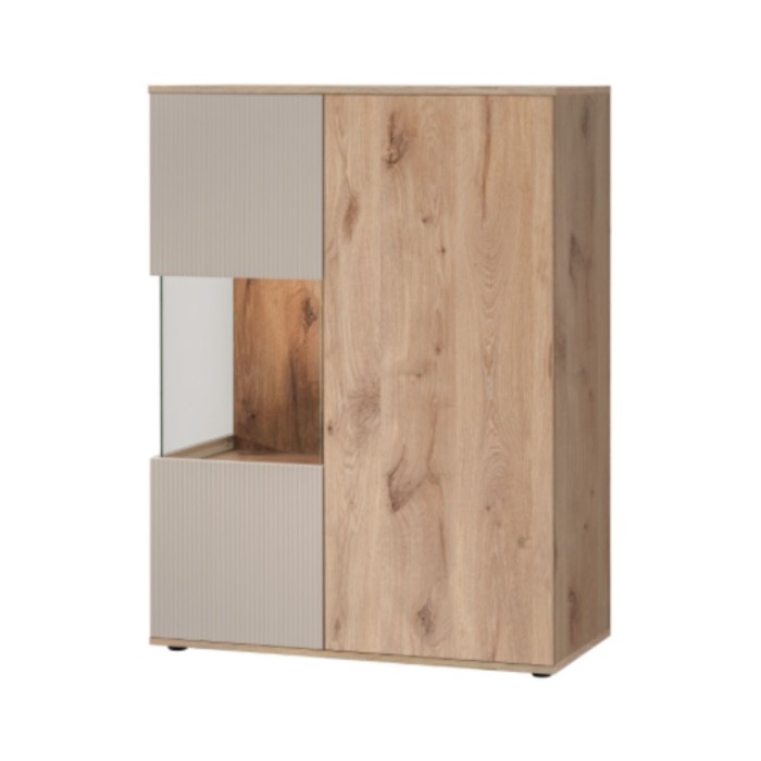 Set completo salotto ERINA – Buffettino, Buffet alto, Vetrina, Scaffale, Mobile TV con camino bio-etanolo – Rovere chiaro e beig