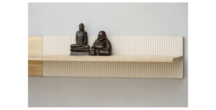 Ensemble salon complet ERINA – Buffet bas, Buffet haut, Vitrine, Étagère, Meuble TV cheminée bio-éthanol – Chêne clair et beige