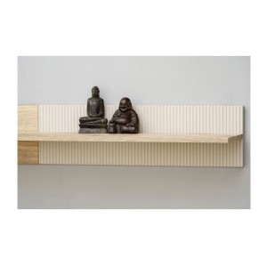 Ensemble salon complet ERINA – Buffet bas, Buffet haut, Vitrine, Étagère, Meuble TV cheminée bio-éthanol – Chêne clair et beige