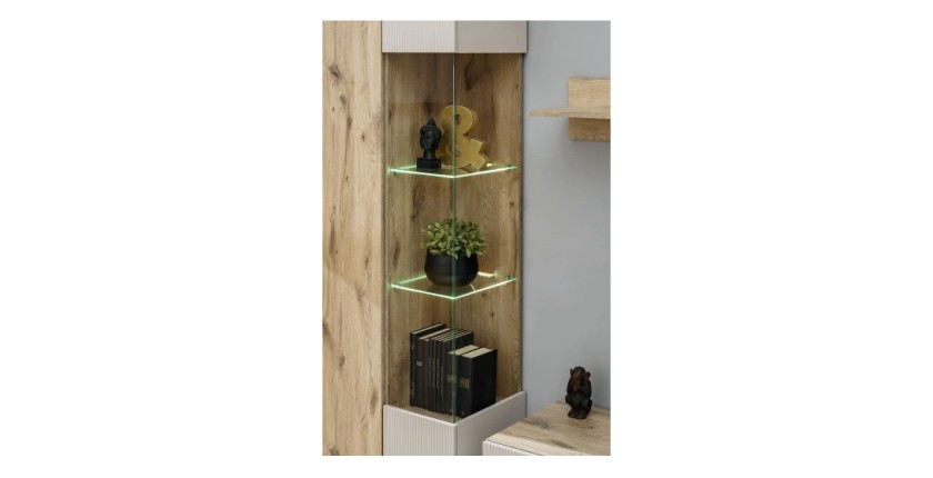 Ensemble salon complet ERINA – Buffet bas, Buffet haut, Vitrine, Étagère, Meuble TV cheminée bio-éthanol – Chêne clair et beige