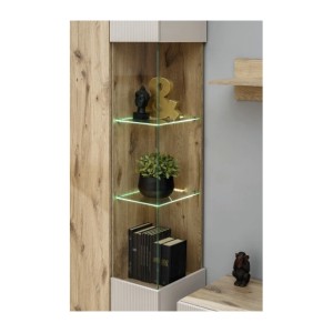 Ensemble salon complet ERINA – Buffet bas, Buffet haut, Vitrine, Étagère, Meuble TV cheminée bio-éthanol – Chêne clair et beige
