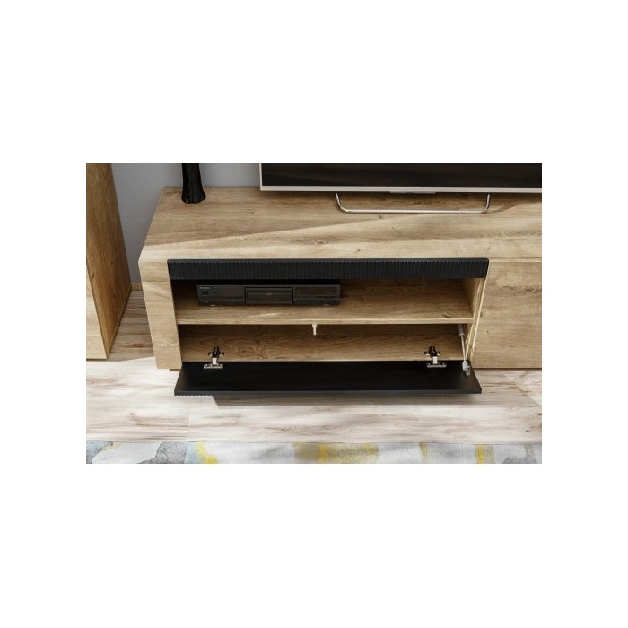 Salon completo DOUM - Credenza bassa, vetrina, mobile TV, credenza alta e mensola a muro - Rovere chiaro e nero
