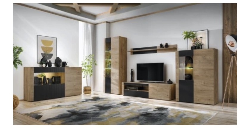 Salon complet DOUM – Buffet bas, vitrine, meuble TV, buffet haut et étagère murale – Chêne clair et noir