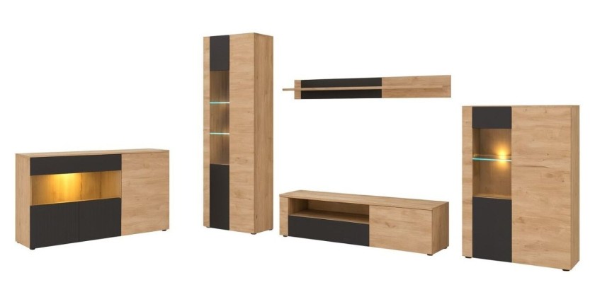 Salon complet DOUM – Buffet bas, vitrine, meuble TV, buffet haut et étagère murale – Chêne clair et noir