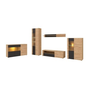 Salon complet DOUM – Buffet bas, vitrine, meuble TV, buffet haut et étagère murale – Chêne clair et noir