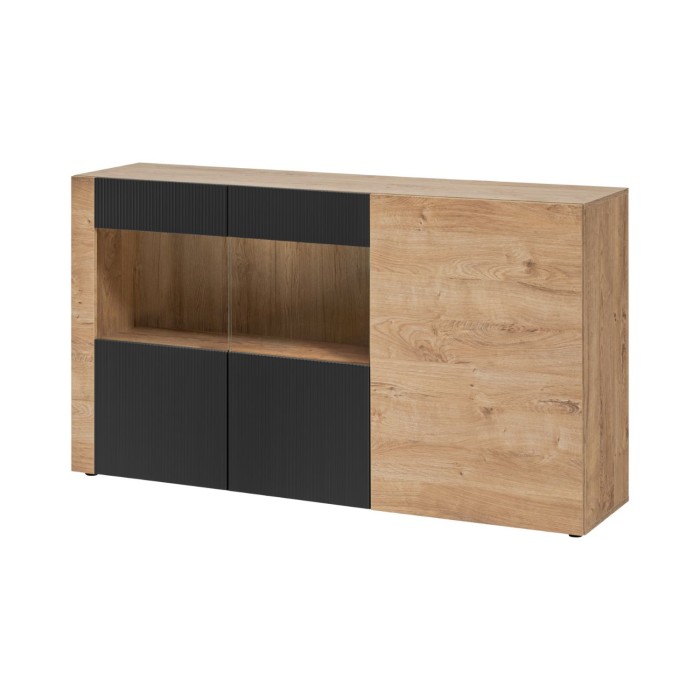 Salone completo DOUM – Buffet basso, vetrina, mobile TV con camino bio-etanolo, buffet alto e scaffale a muro – Rovere chiaro e 