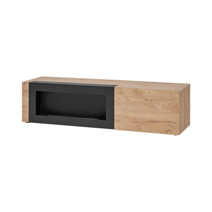 Salone completo DOUM – Buffet basso, vetrina, mobile TV con camino bio-etanolo, buffet alto e scaffale a muro – Rovere chiaro e 
