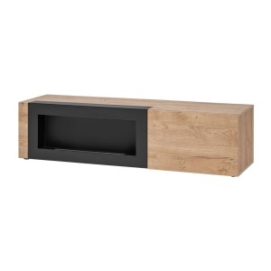 Salon complet DOUM – Buffet bas, vitrine, meuble TV avec cheminée bio-éthanol, buffet haut et étagère murale – Chêne clair et no