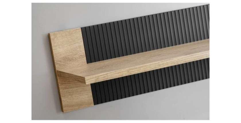 Salon complet DOUM – Buffet bas, vitrine, meuble TV avec cheminée bio-éthanol, buffet haut et étagère murale – Chêne clair et no