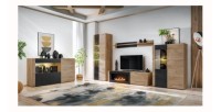 Salon complet DOUM – Buffet bas, vitrine, meuble TV avec cheminée bio-éthanol, buffet haut et étagère murale – Chêne clair et no