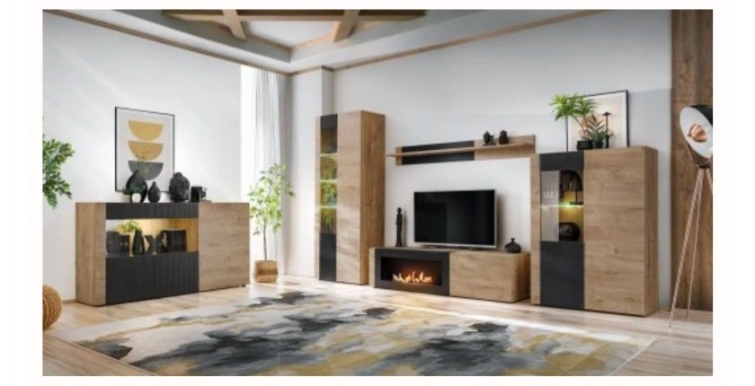 Salon complet DOUM – Buffet bas, vitrine, meuble TV avec cheminée bio-éthanol, buffet haut et étagère murale – Chêne clair et no