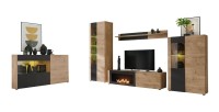 Salon complet DOUM – Buffet bas, vitrine, meuble TV avec cheminée bio-éthanol, buffet haut et étagère murale – Chêne clair et no