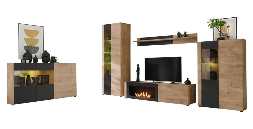 Salon complet DOUM – Buffet bas, vitrine, meuble TV avec cheminée bio-éthanol, buffet haut et étagère murale – Chêne clair et no