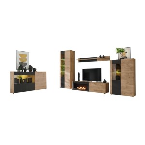 Salon complet DOUM – Buffet bas, vitrine, meuble TV avec cheminée bio-éthanol, buffet haut et étagère murale – Chêne clair et no