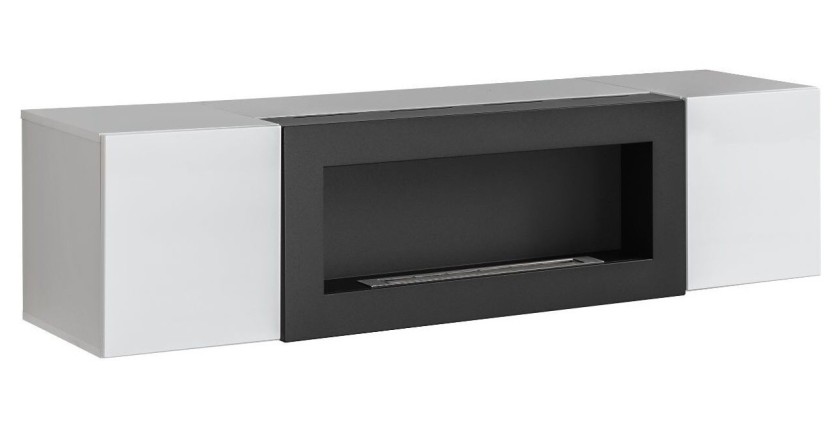 Meuble TV FLY avec cheminée bio-éthanol intégrée – Noir et blanc – Design moderne