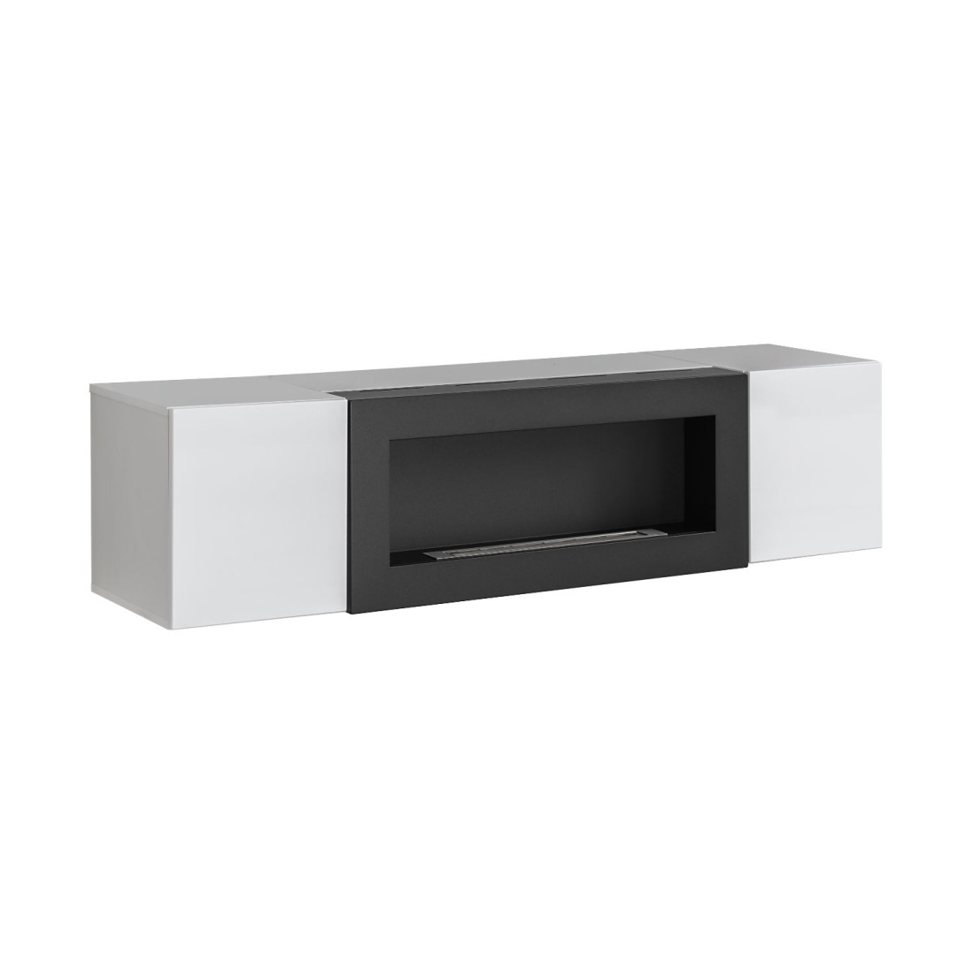 Meuble TV FLY avec cheminée bio-éthanol intégrée – Noir et blanc – Design moderne