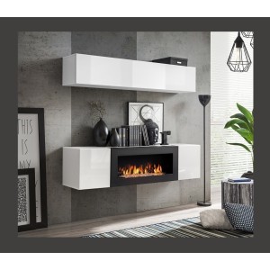 Meuble TV FLY avec cheminée bio-éthanol intégrée – Noir et blanc – Design moderne