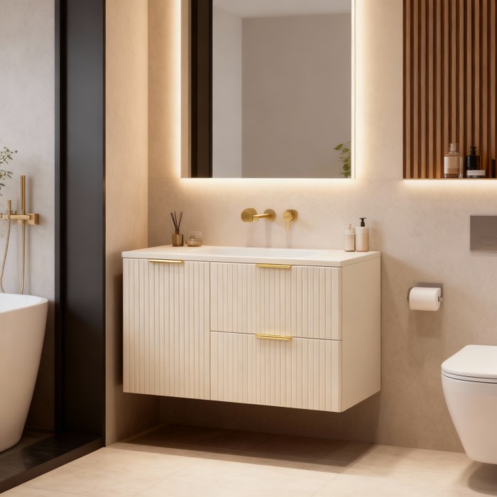 Ensemble de salle de bains NOXERA 100 cm – Marron congo – plan pour vasque + 2 tiroirs + 1 panier à linge