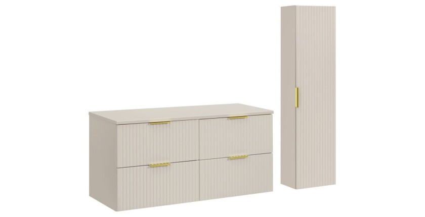 Ensemble de salle de bains NOXERA 120 cm – Marron congo – Plan vasque + 4 tiroirs + colonne suspendue